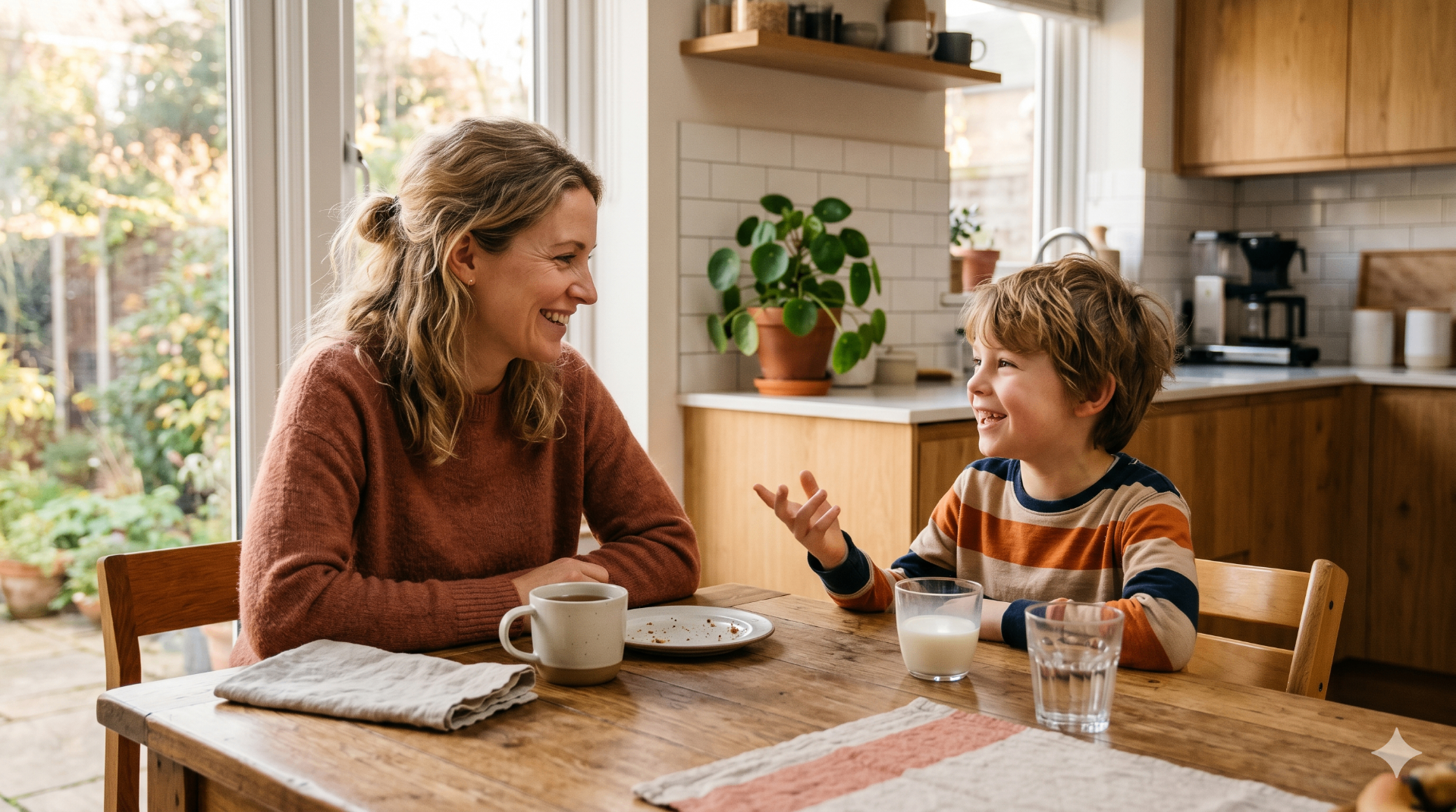 Conversación natural entre madre e hijo en casa, ambiente cálido y cotidiano